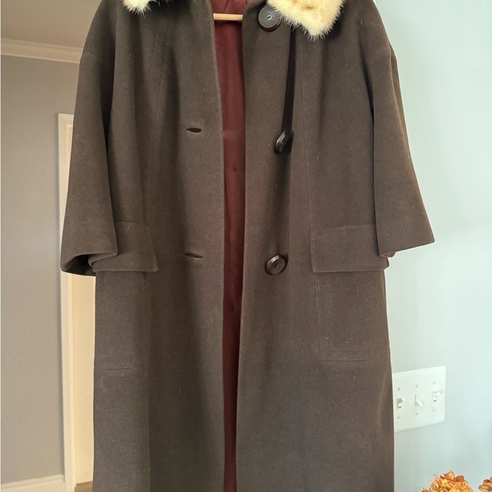 Vintage Brown Wool Fur Collar Coat 3/4 Sleeve Size M